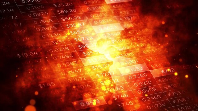 Stock market data grid over intense fire and smoke background, glowing numbers and charts symbolizing financial crisis, inflation, and volatile global economy. Animation.
