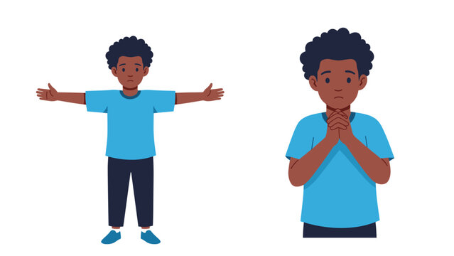 Young boy with curly hair expresses sadness and plea through various body language like open arms and folded hands.