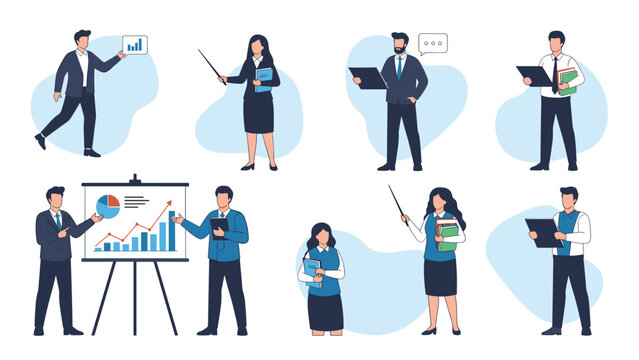 Business professionals in various poses including presenting data charts, holding folders, and using laser pointers for meetings.