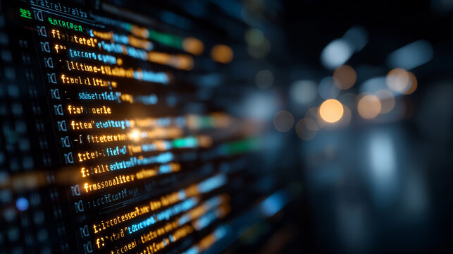 Digital code visualization: Abstract visualization of complex digital code streams, rendered with dynamic colors and blur background.