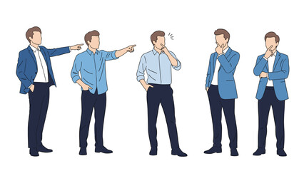 Obraz premium Collection of professional men in various thinking and gesturing poses illustrating decision-making and project management.