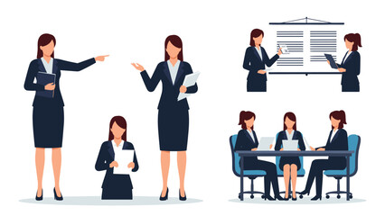 Obraz premium Collection of professional businesswomen in various office scenarios including presenting, leading meetings, and reviewing documents.