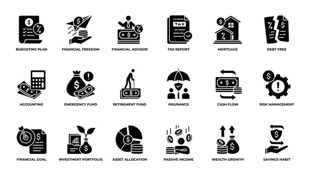 Financial Plan and Personal Finance Icon Set Vector Illustration Glyph Editable