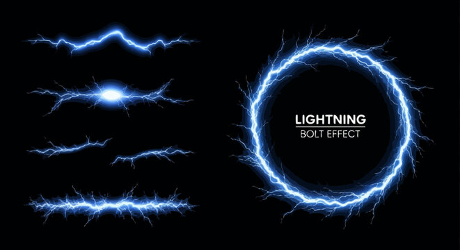 Electric blue lightning bolt effects and oval frame on black background