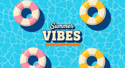 Summer vibes with colorful pool floats on blue water background © Ashok