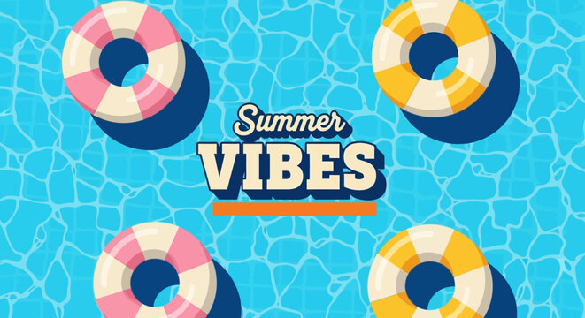 Summer vibes with colorful pool floats on blue water background