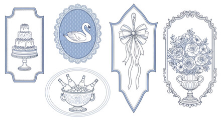 Vintage blue and white illustrations of cake swan urn and floral designs © Ashok