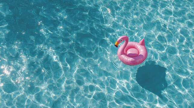 Pink flamingo float in clear blue swimming pool seen from above, summer leisure scene, vacation relaxation, fun holiday concept.