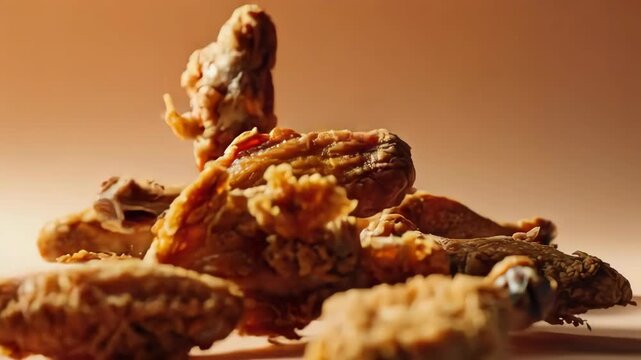 rains of crispy chicken fall down to the table cinematic