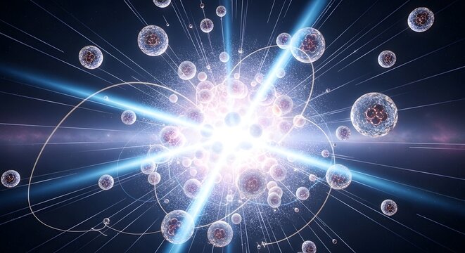 Vibrant glowing orb surrounded by smaller orbs and lines on dark background.