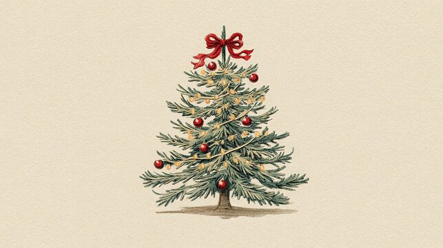 Minimalist watercolor christmas tree illustration with soft green tones, festive decoration concept, winter holiday mood, Christmas celebration.