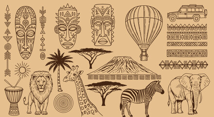 African safari adventure with traditional tribal masks and wildlife © Ashok