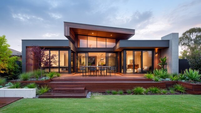 Modern luxury home exterior with a beautiful deck and landscaped yard