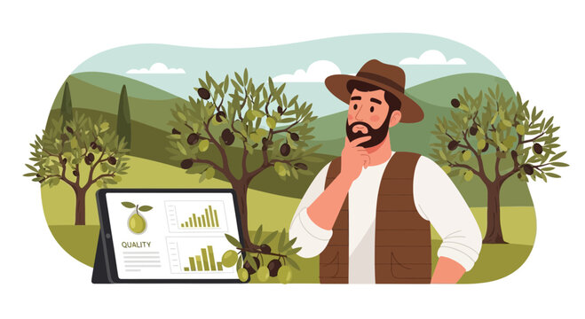 Farmer analyzing data on tablet in olive grove.