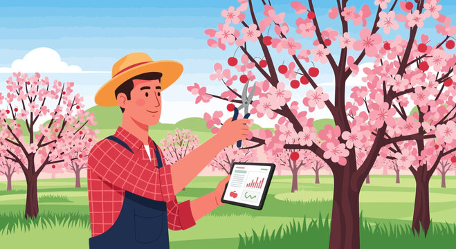 Farmer Inspecting Fruit Trees with Tablet and Pruners.