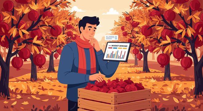 Man Examining Tablet in Apple Orchard Harvest.