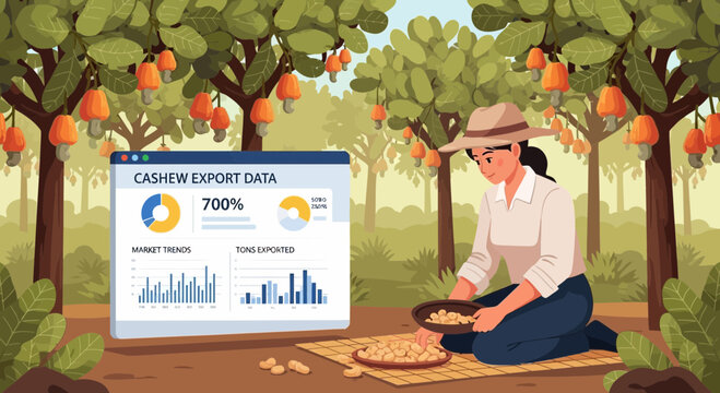 Woman farmer analyzing cashew export data on a tablet.