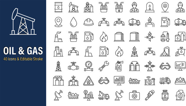 Oil and gas industry line icon set featuring editable stroke petroleum production refinery and energy fuel symbols (18 words)