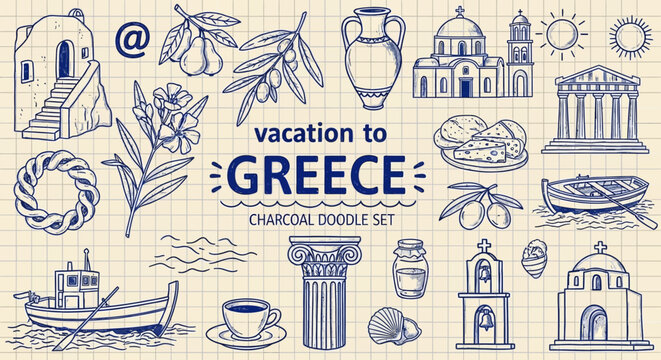 Vacation to greece a collection of traditional icons and landmarks