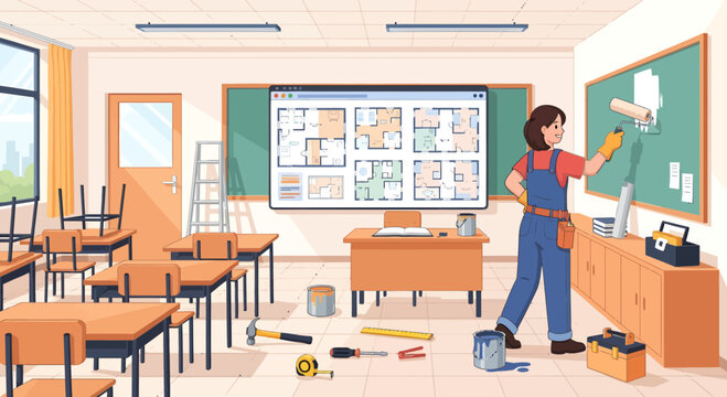 Woman painting a blackboard in a classroom renovation.