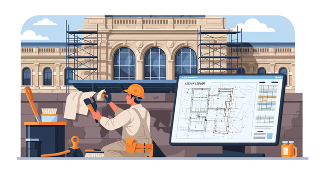 Construction worker reviewing blueprints on computer screen.