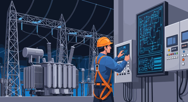 Electrician working on control panel in substation.