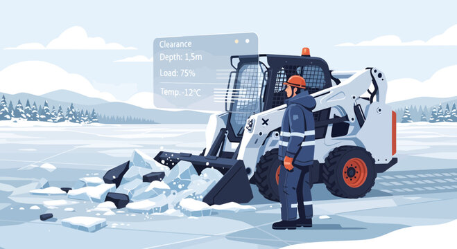 Man in uniform operating snow removal machine.