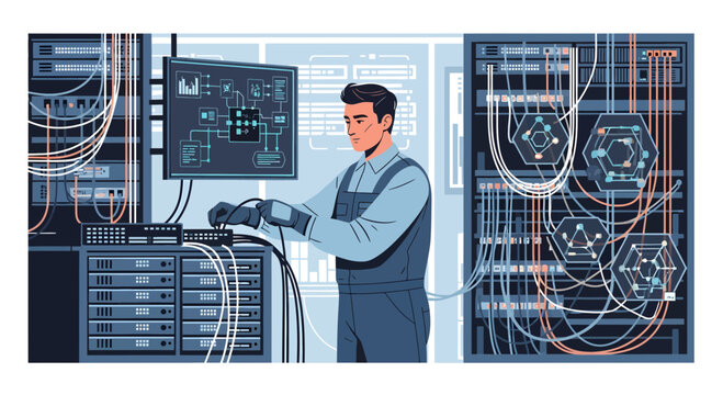 Man working in a server room with technology.