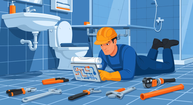 Plumber Lying Down Reading Instructions with Tools.