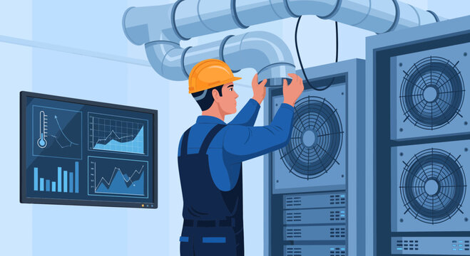 Technician working on server cooling system in data center.