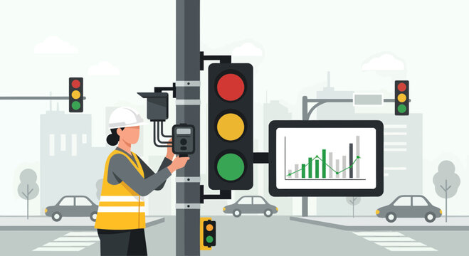 Traffic Signal Technician Inspecting Smart City Technology.