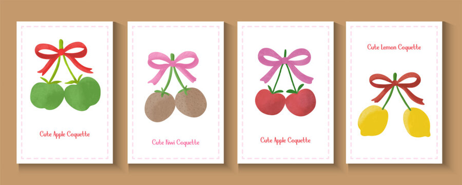 Seamless pattern with bows, cherry, strawberry, orange, bluberry, apple background. Set of icons in simple watercolor drawing style.Seamless pattern.Organic food