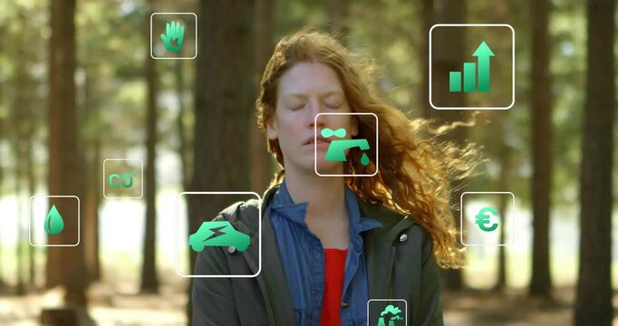 Woman standing in pines, green icons with tap appearing clustering near mouth, showing climate data