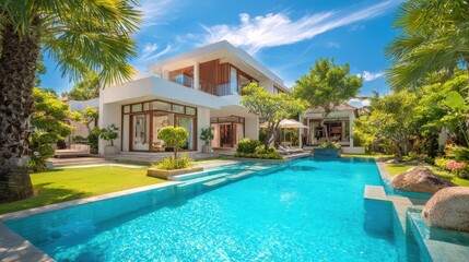 Fototapeta premium Luxury modern villa with private swimming pool and lush tropical garden