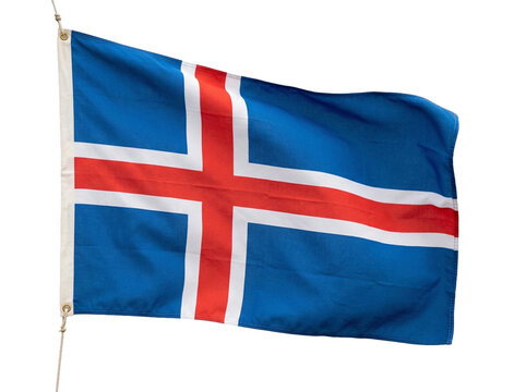 Waving Icelandic flag with red and white cross on blue background