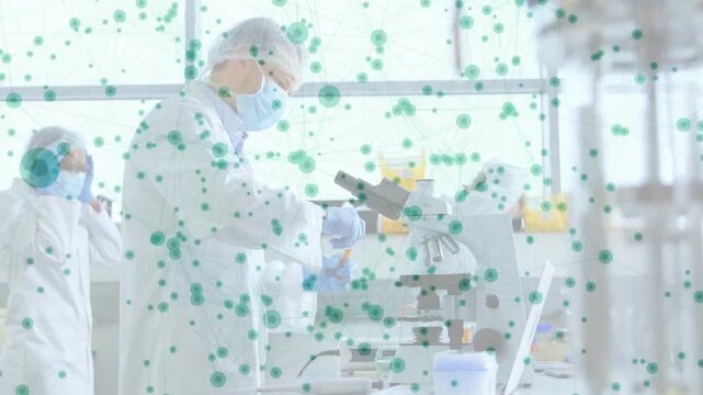 Lead prepping lab scope, pipetting and analyzing sample, team adjusting PPE, green overlay drifting
