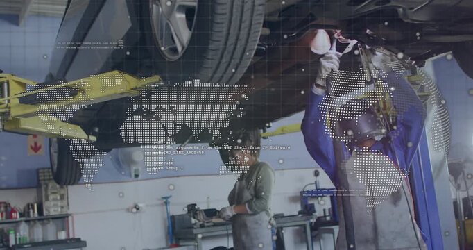Two techs fixing under lifted car, right starting wrench while dotted map scrolling code overlaying