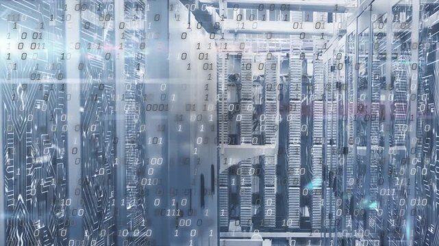 Camera rolling through DC starting binary overlay washing over racks, cyan LEDs showing data flow