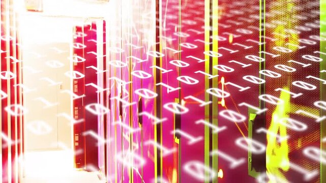DC racks getting binary flow, neon lines tracing while camera moving to bright door showing network