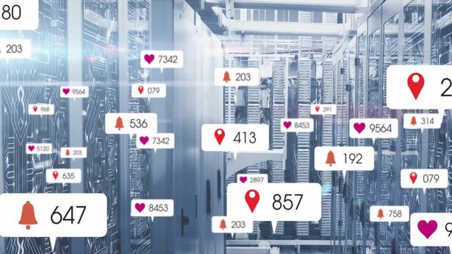 Monitoring system sending pin heart bell badges across datacenter aisle multiplying showing metrics