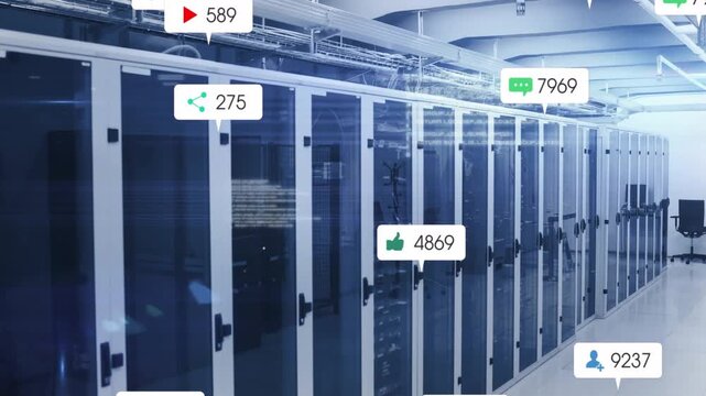 Row of server cabinets showing incoming alerts, UI badges appearing and drifting across aisle