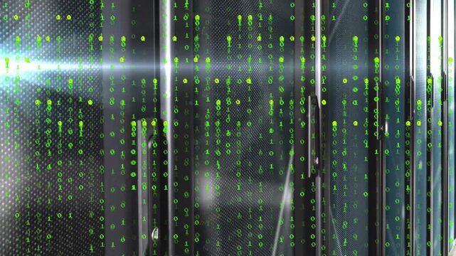 On overlay activating green binary digits cascading, sparking white node lines and revealing racks