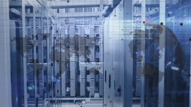 Server racks centering while dotted world-map overlay appearing from right, showing technology data