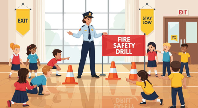 Children practicing fire safety drill with instructor.