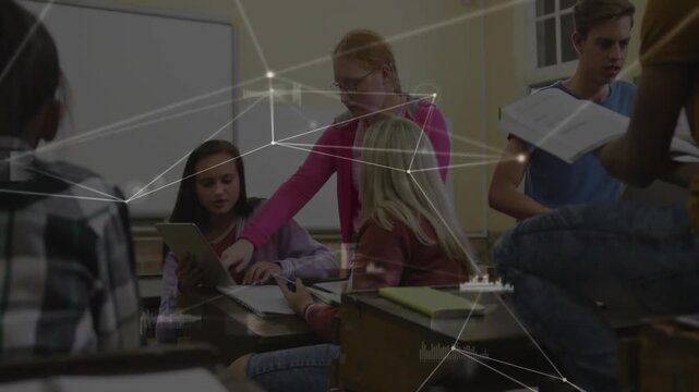 Student in pink leaning and pointing at tablet, peers examining notes, network HUD aiding education