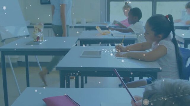 Front-right girl writing book, classroom net overlaying while teacher walking aisle helping student