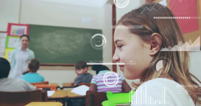 Two girls whispering, sharing secret after left girl cupping ear in class, HUD circling smiles
