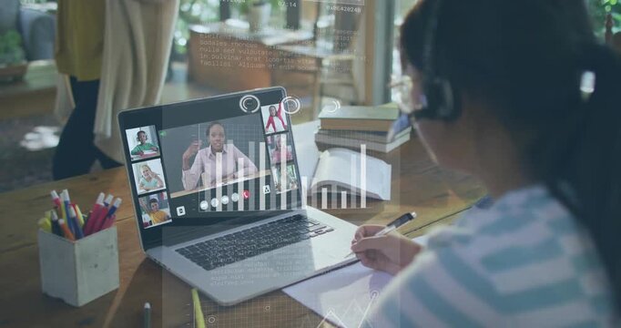 Girl student taking notes at desk for online education while presenter speaking and graphs emerging