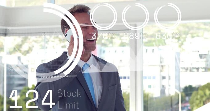 Exec taking call in office, HUD rings overlaying and readouts updating stock limits guiding trades