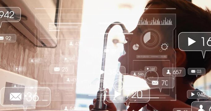 Boy bringing faucet to mouth while drinking drips, social media overlays updating counts around him